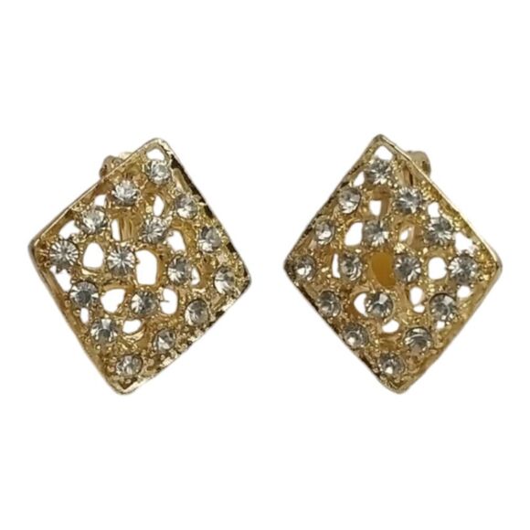 Crystal Diamond Shape Gold Tone Clip On Earrings - Picture 1 of 6